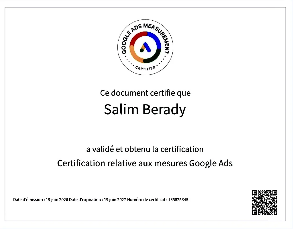 Certification Google Ads Measurement - Salim Berady