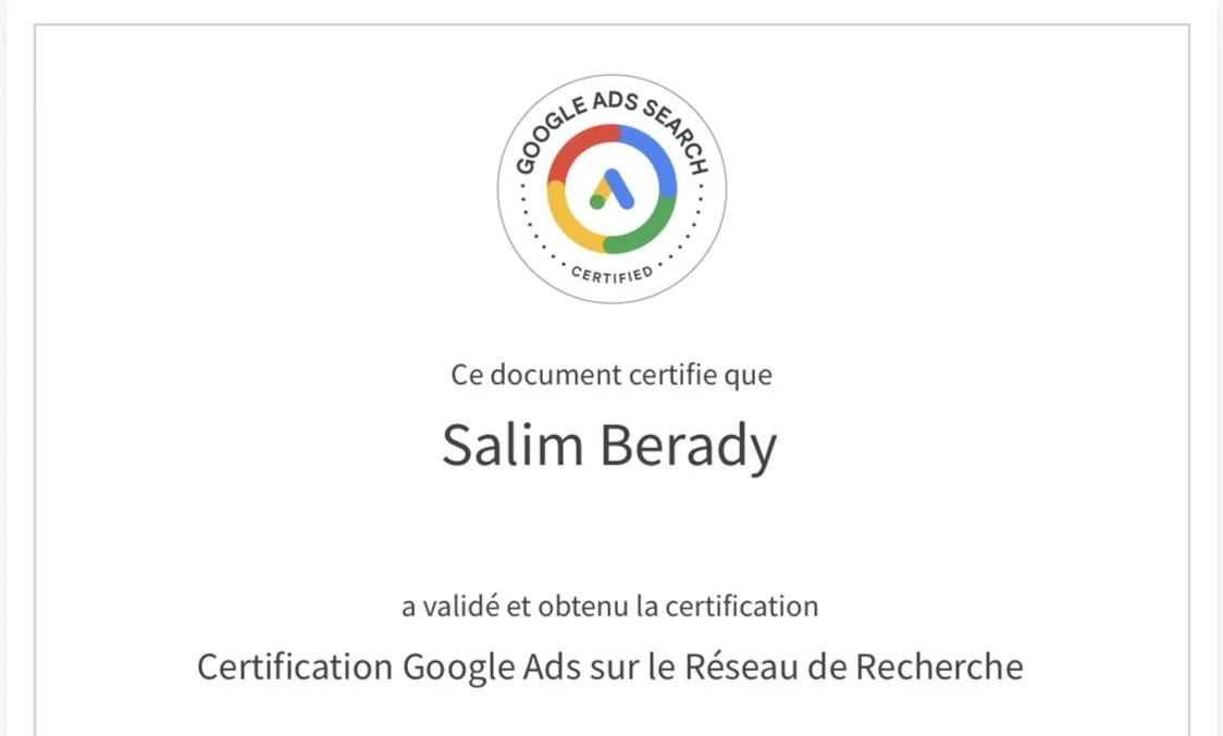 Certification Google Ads Search - Salim Berady